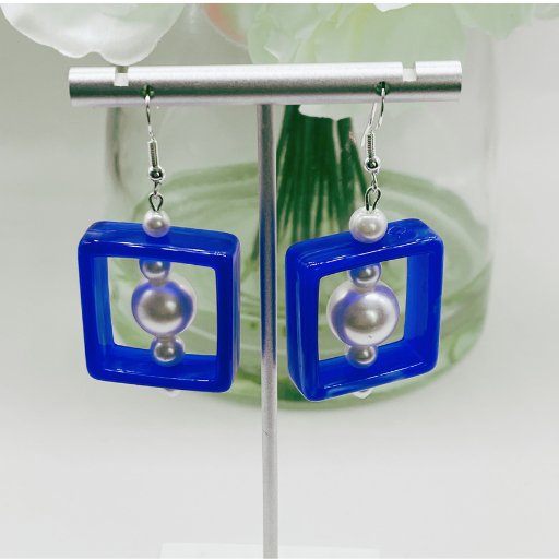 Royal Blue and White Square Pearl Earrings-Peace N Beads