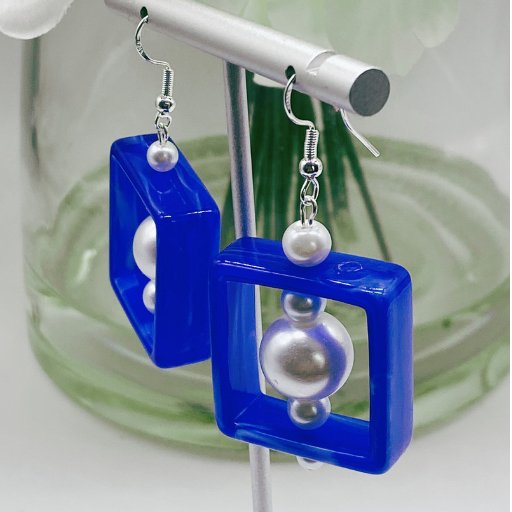 Royal Blue and White Square Pearl Earrings-Peace N Beads
