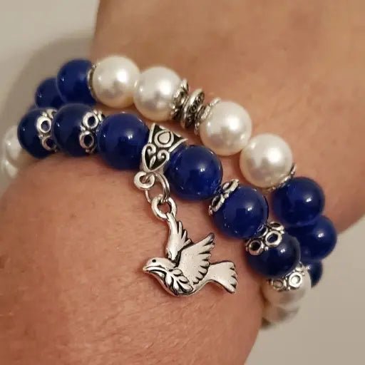 Royal Blue Jade and White Pearl Bracelets-Peace N Beads