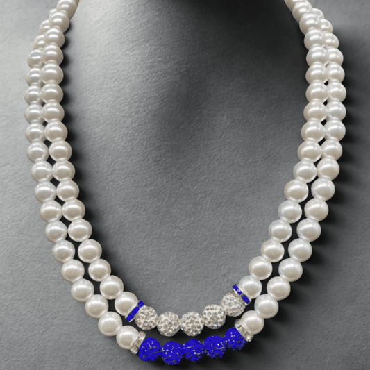 Sapphire Sparkle Rhinestone Bead and Glass Pearl Necklace with double strands of white pearls and blue rhinestone accents