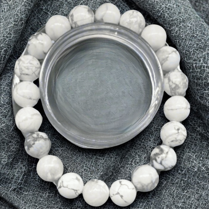 Serene Howlite Gemstone Bracelet by Peace N Beads with smooth round white and gray marbled beads