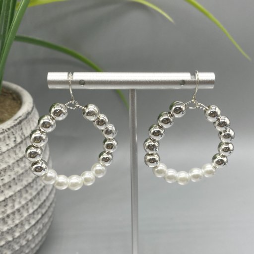 Silver Pearl Hoop Earrings-Peace N Beads Design