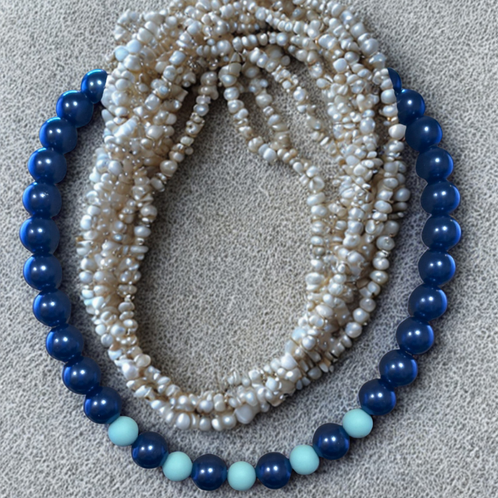 Sky and Royal Blue 16 Inch Necklace featuring shiny blue beads and a delicate pearl strand