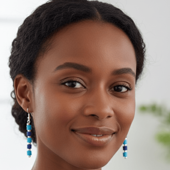 Elegant model wearing Sky and Royal Blue Drop Earrings for a stylish look
