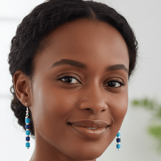 Elegant model wearing Sky and Royal Blue Drop Earrings for a stylish look