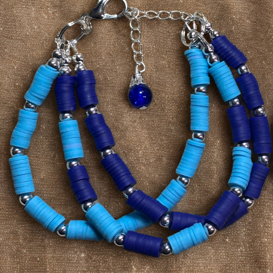 Sky and Royal Blue Three Strand Bracelet with Earrings featuring vibrant blue beads and silver accents 2