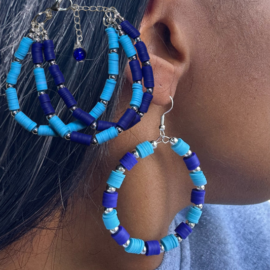 Sky and Royal Blue Three Strand Bracelet with Earrings designed by Peace N Beads Design for a stylish look