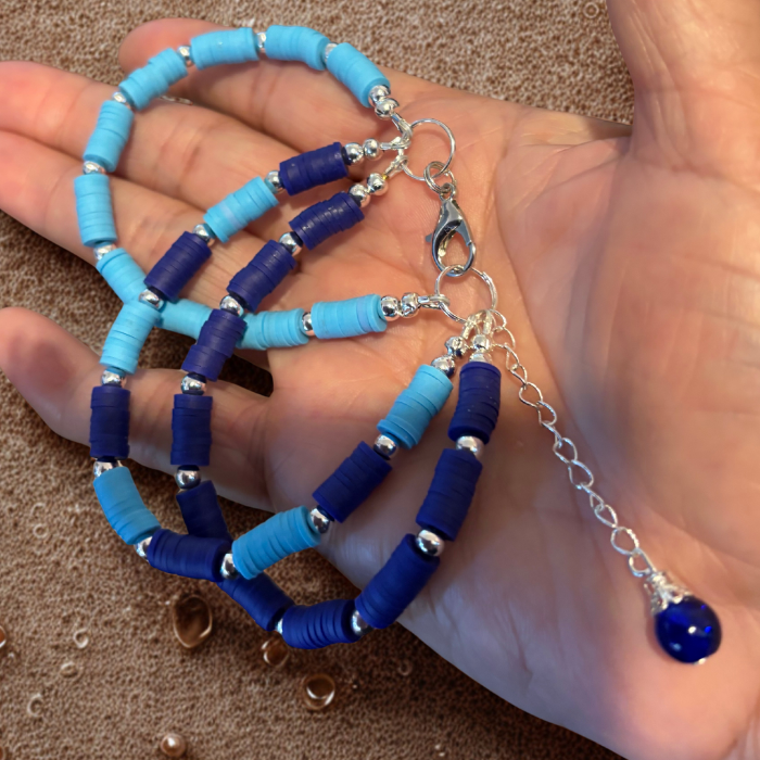 Sky and Royal Blue Three Strand Bracelet with Earrings featuring vibrant colors and stylish design