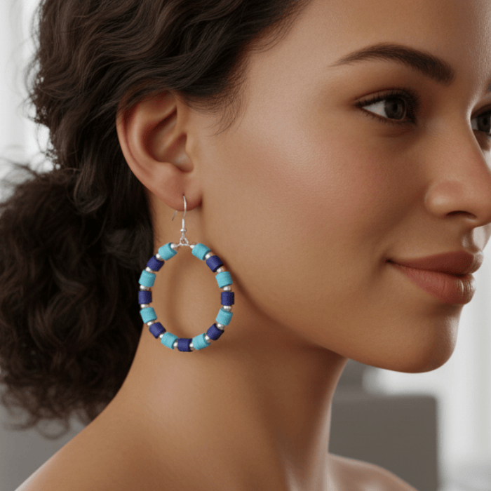 Sky and Royal Blue Three Strand Bracelet with Earrings displayed on a model for stylish summer accessory ideas