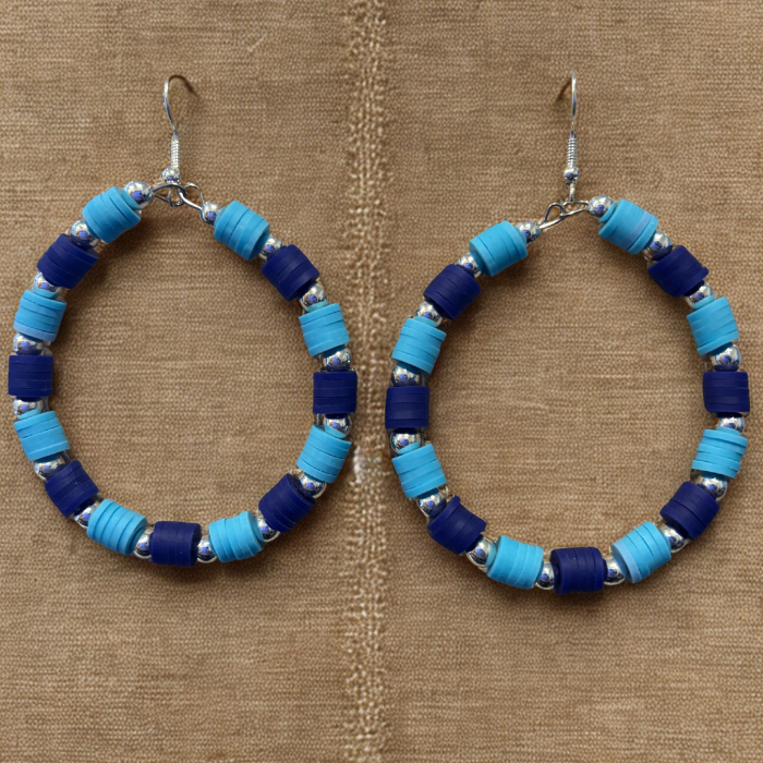Sky and Royal Blue Three Strand Bracelet with Earrings featuring vibrant blue beads and silver accents