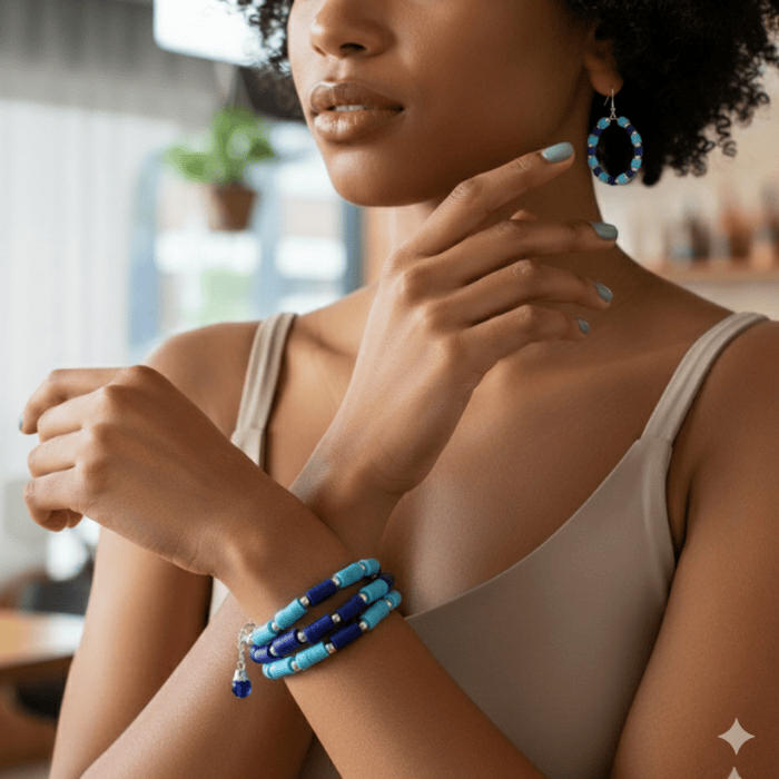 Sky and Royal Blue Three Strand Bracelet with Earrings worn by a model, showcasing vibrant colors and stylish design