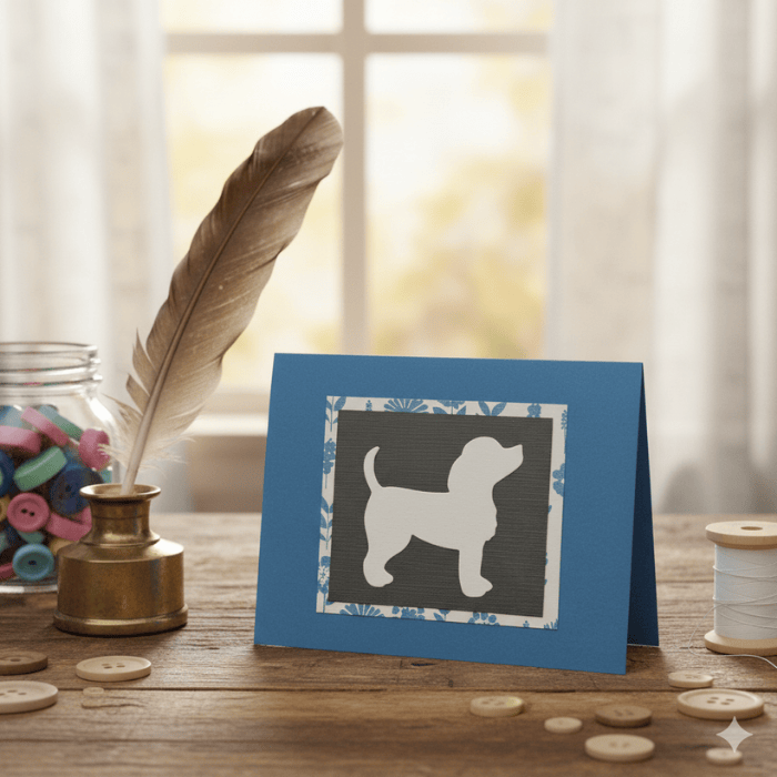 Snuggle and Scribble Embossed Note Cards featuring a playful dog silhouette design on a blue background