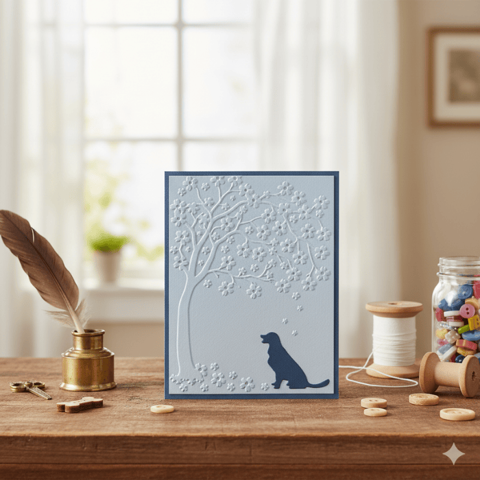 Snuggle and Scribble Embossed Note Cards with a tree and dog design, perfect for heartfelt messages.