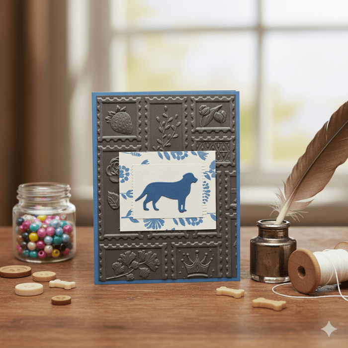 Snuggle and Scribble Embossed Note Cards featuring floral designs and a dog silhouette on a textured background