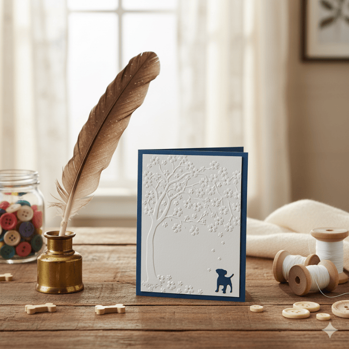 Snuggle and Scribble Embossed Note Cards featuring a dog and tree design on a navy background