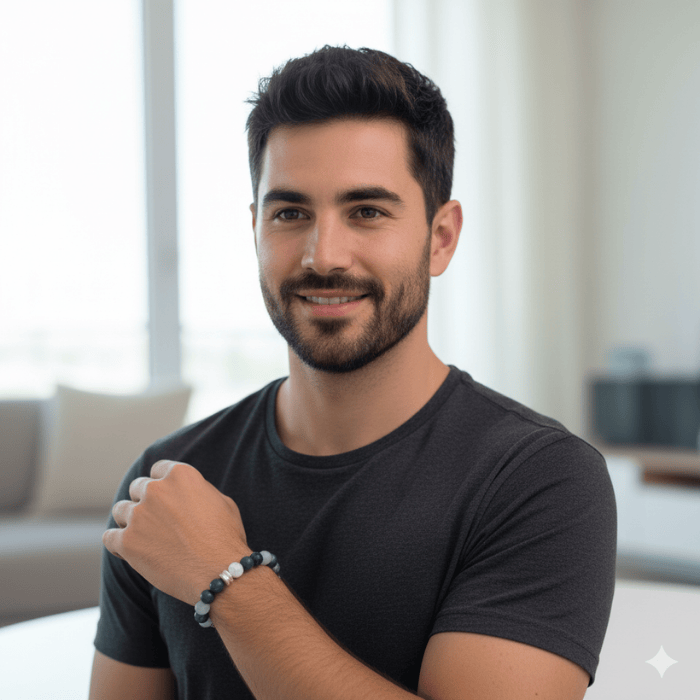 Man wearing The Patience Stone Bracelet from Peace N Beads Design with colorful beads for stylish accessory