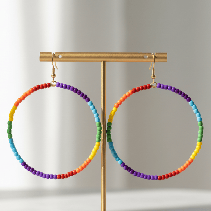 Vibrant Rainbow Hoop Earrings made of colorful seed beads with a gold-tone hook for a stylish look