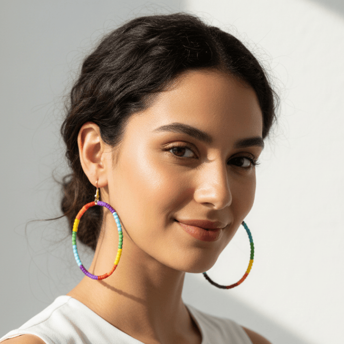 Peace N Beads Vibrant Rainbow Hoop Earrings showcased on a model with a radiant smile