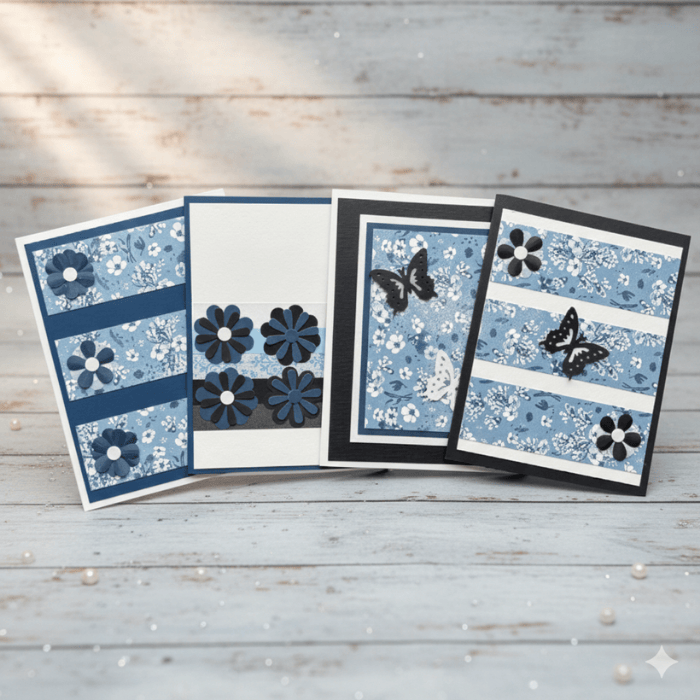 Where Butterflies Bloom Note Cards displaying floral and butterfly designs in blue and black themes