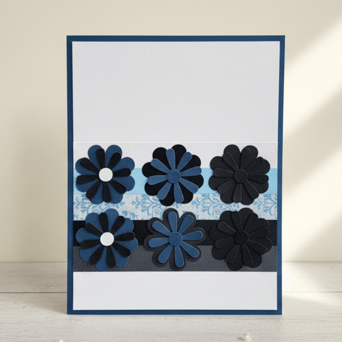 Where Butterflies Bloom Note Cards featuring layered flowers in shades of blue and black for elegant notes