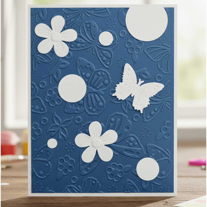 Where Flowers and Wings Unfold Note Cards featuring embossed floral and butterfly designs on a blue background