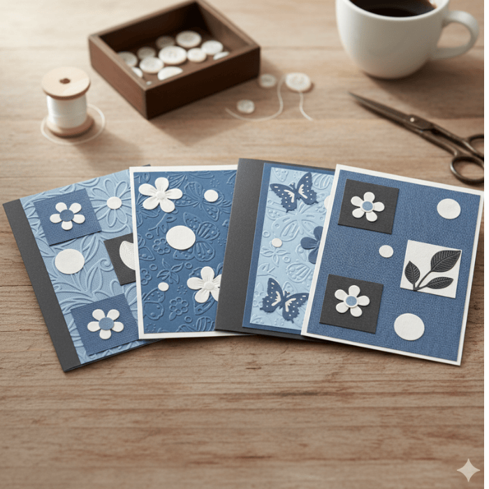 Assorted Where Flowers and Wings Unfold Note Cards in Blue with Floral and Butterfly Designs