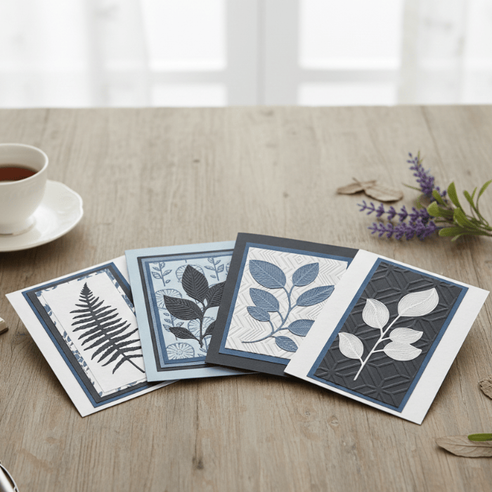 Set of Whispers of the Wild note cards featuring botanical designs in blue and white on a wooden table