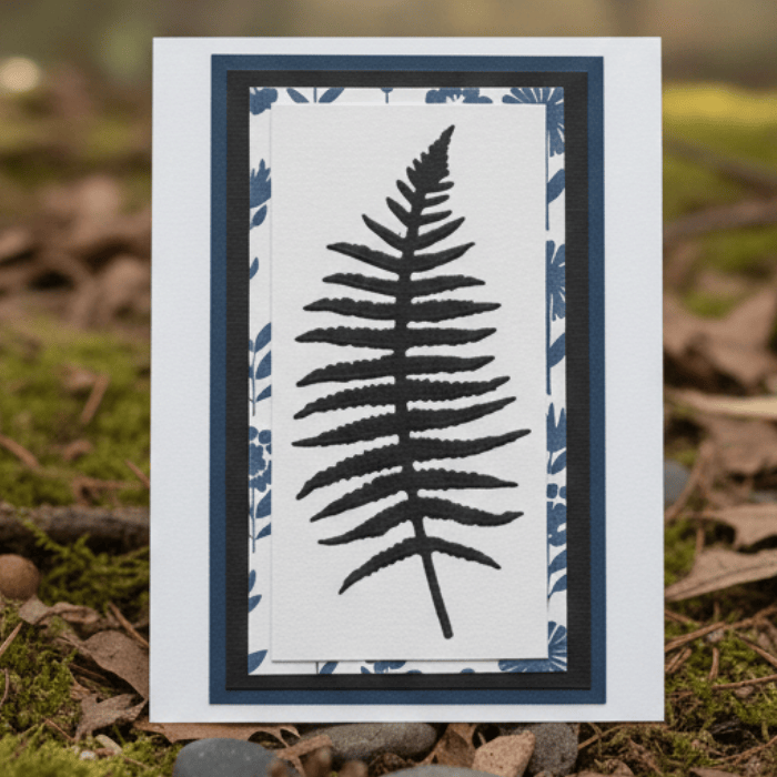 Whispers of the Wild note cards featuring a black fern design on a nature-themed background