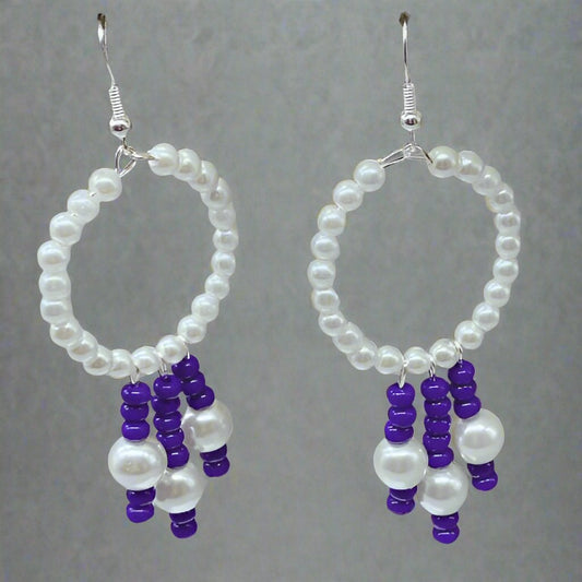 Earrings - White Blue Beaded Hoop Earrings