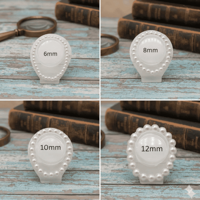 White Glass Pearl Stretch Bracelet displayed in different sizes on elegant stands