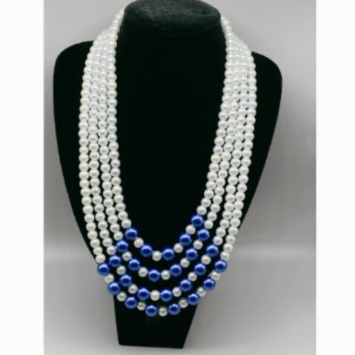 White Royal Blue Glass Pearls 4 Strand Necklace-Peace N Bead