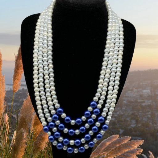 Necklaces - Blue White 4 Strand Pearl Necklace